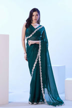 Teal Blue Satin Jimmy Choo Solid Designer & Lace Work Saree - Samaa