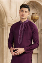 Raivat Ethnic Banarasi Art Silk Mirror Work Kurta Pajama In Wine Colour