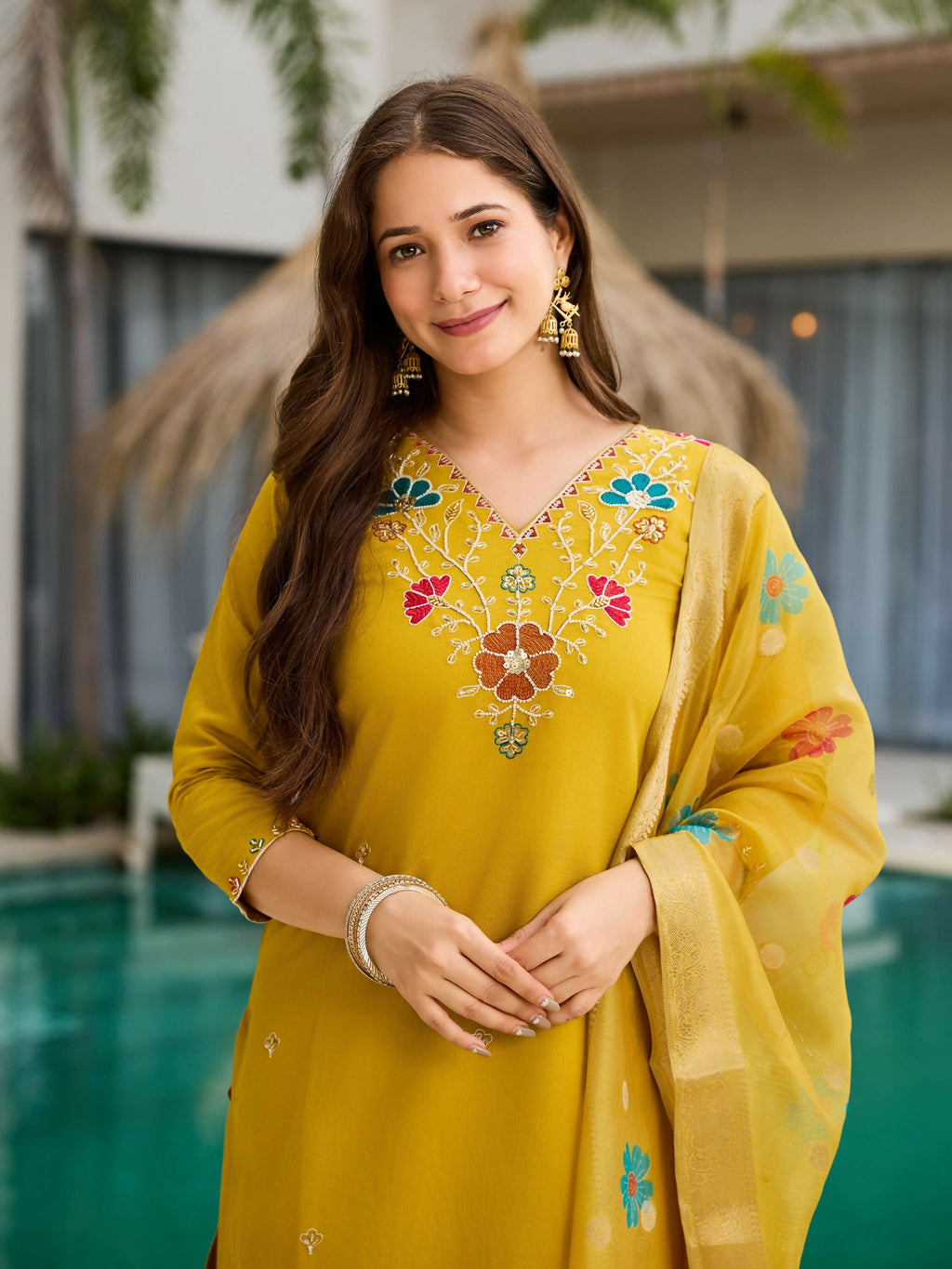 The52 Yellow Women's Gorgeous Embroidered work Viscose Gadhwal Fabric Straight Kurta, Pant and Dupatta Set - Distacart