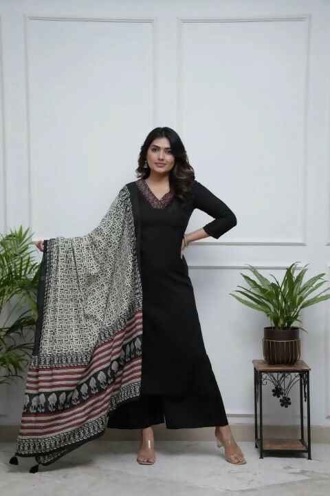 The52 Black Women's Gorgeous Parampara Fabric Embroidered Work Straight Kurta Palazzo and Dupatta Set - Distacart