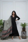 The52 Black Women's Gorgeous Parampara Fabric Embroidered Work Straight Kurta Palazzo and Dupatta Set - Distacart