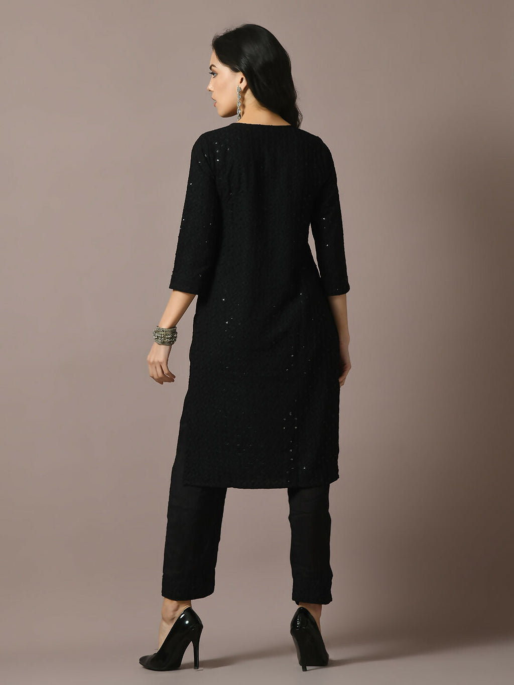 Myshka Women's Black Embroidered Cotton Straight Party Kurta Set