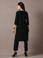 Myshka Women's Black Embroidered Cotton Straight Party Kurta Set
