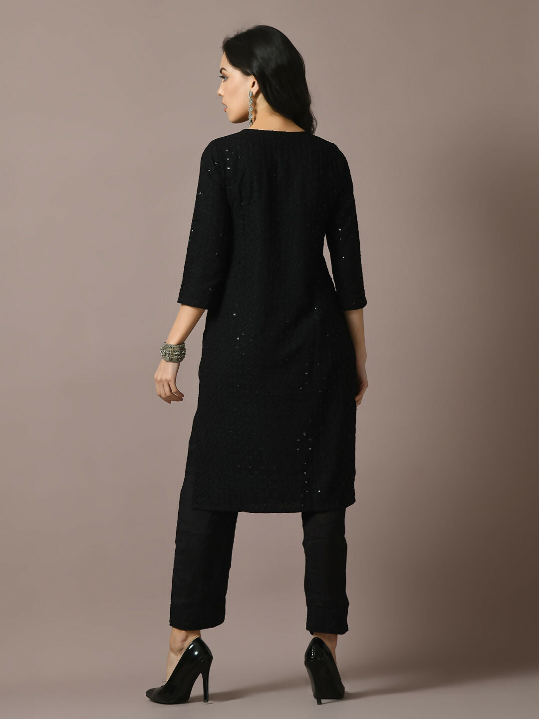 Myshka Women's Black Embroidered Cotton Straight Party Kurta Set