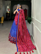 Vastranavya Cultural Leheriya With Patola Print Border Tussar Silk Lehenga Choli - Royal Blue