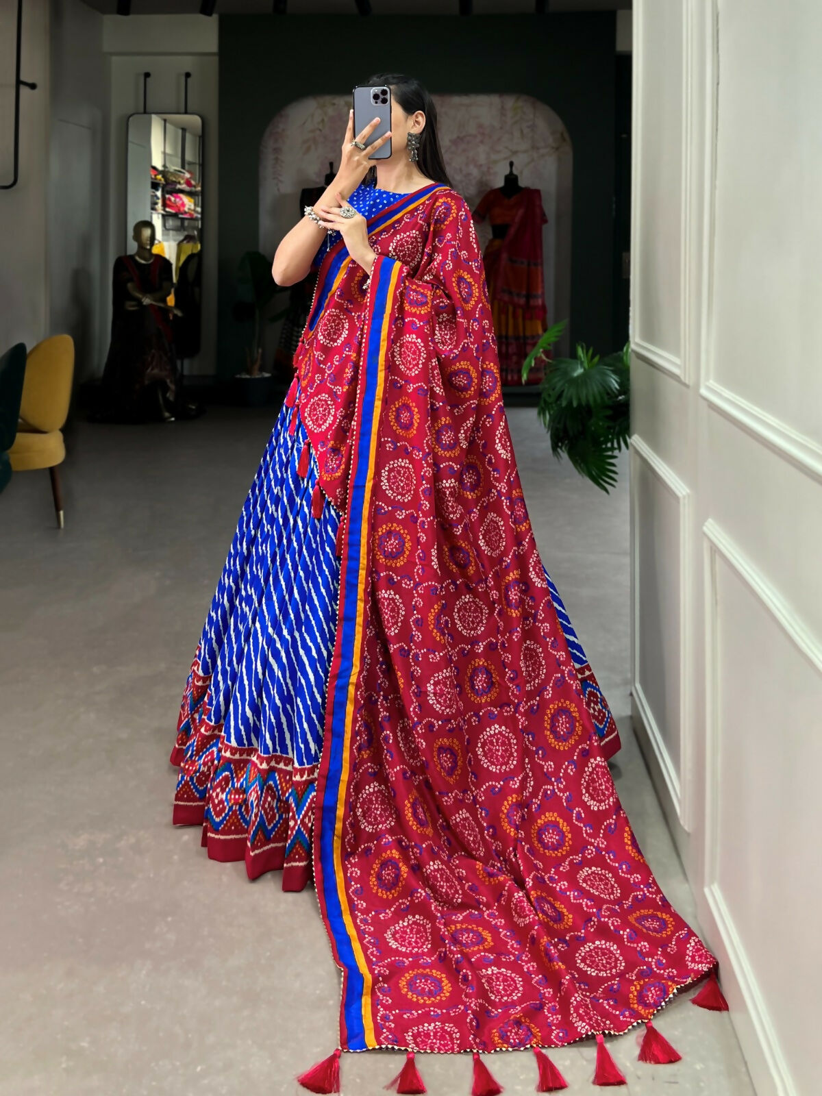 Vastranavya Cultural Leheriya With Patola Print Border Tussar Silk Lehenga Choli - Royal Blue