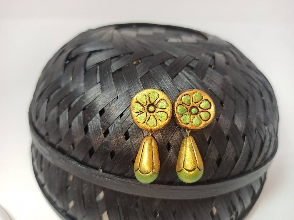 Terracotta Round Earstuds With Drops-Copper And Green