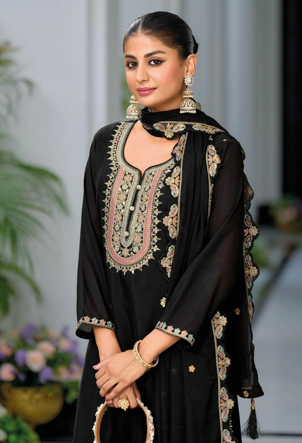 Anaita Black Premium Embroidered Chinon Readymade Salwar Suit (Free Size) - Distacart