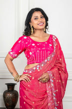 Morchari Pink Pure Chiffon Hand Embroidery Saree And Stitched Blouse - Distacart