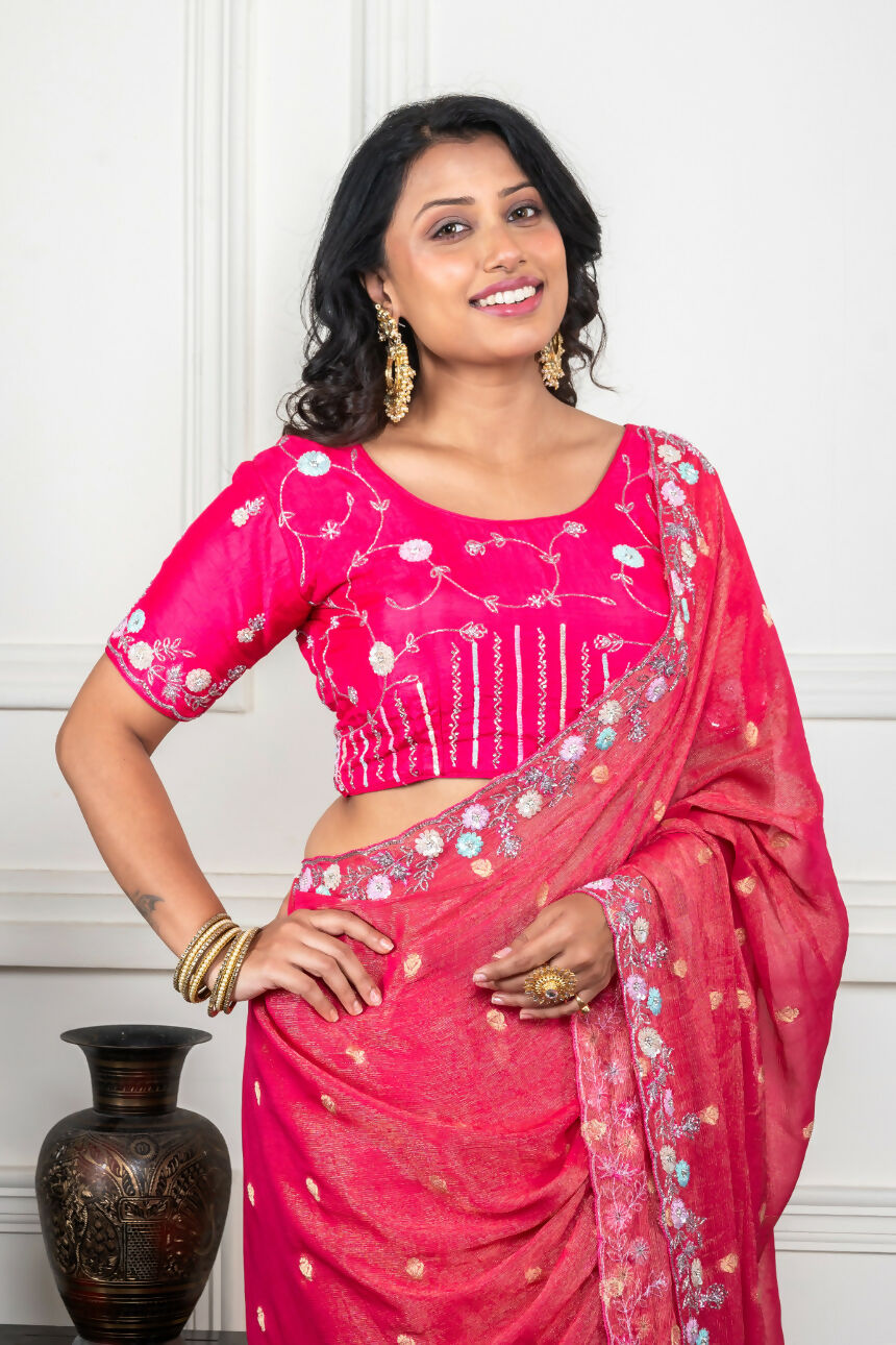 Morchari Pink Pure Chiffon Hand Embroidery Saree And Stitched Blouse - Distacart