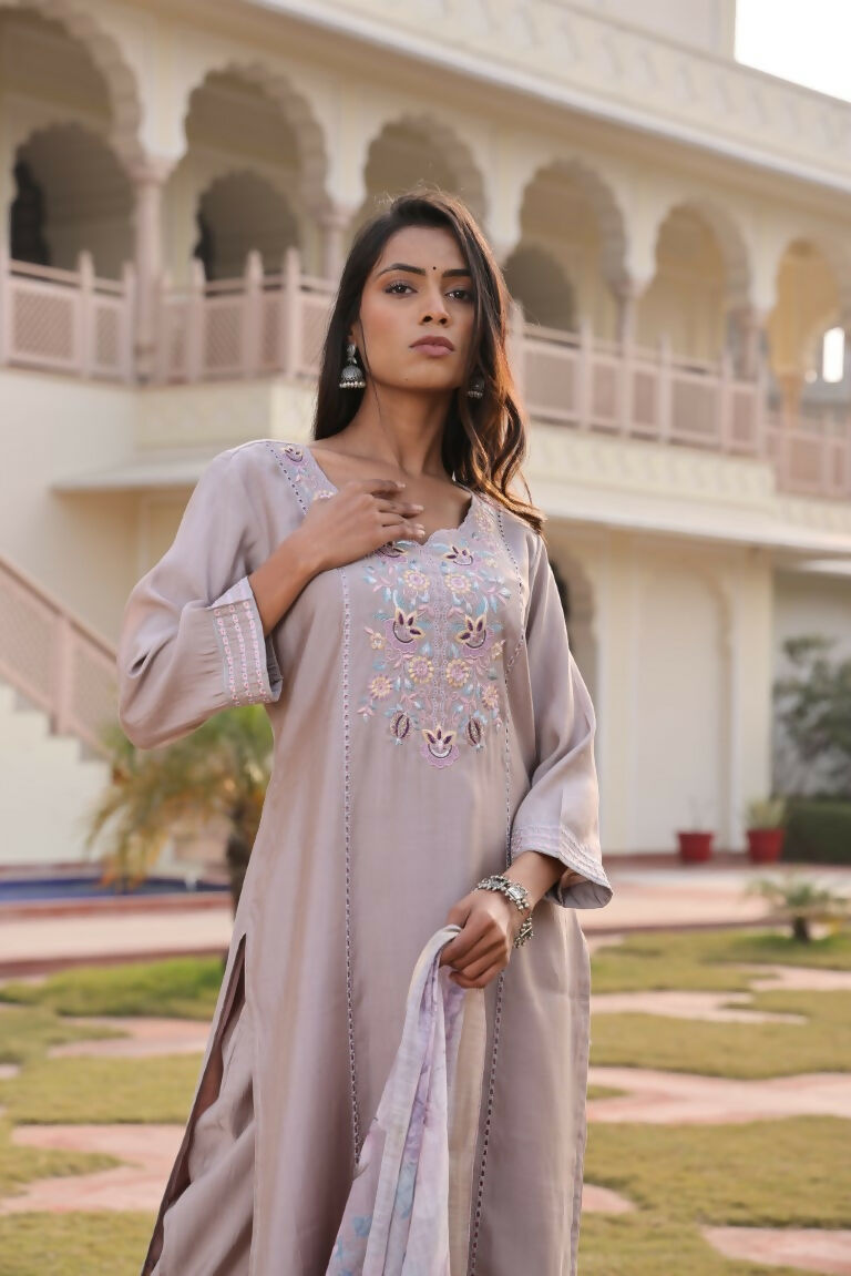 Jyoti Fashion Women's Beige Cotton Silk Hand Work with Floral Printed Kurta Set