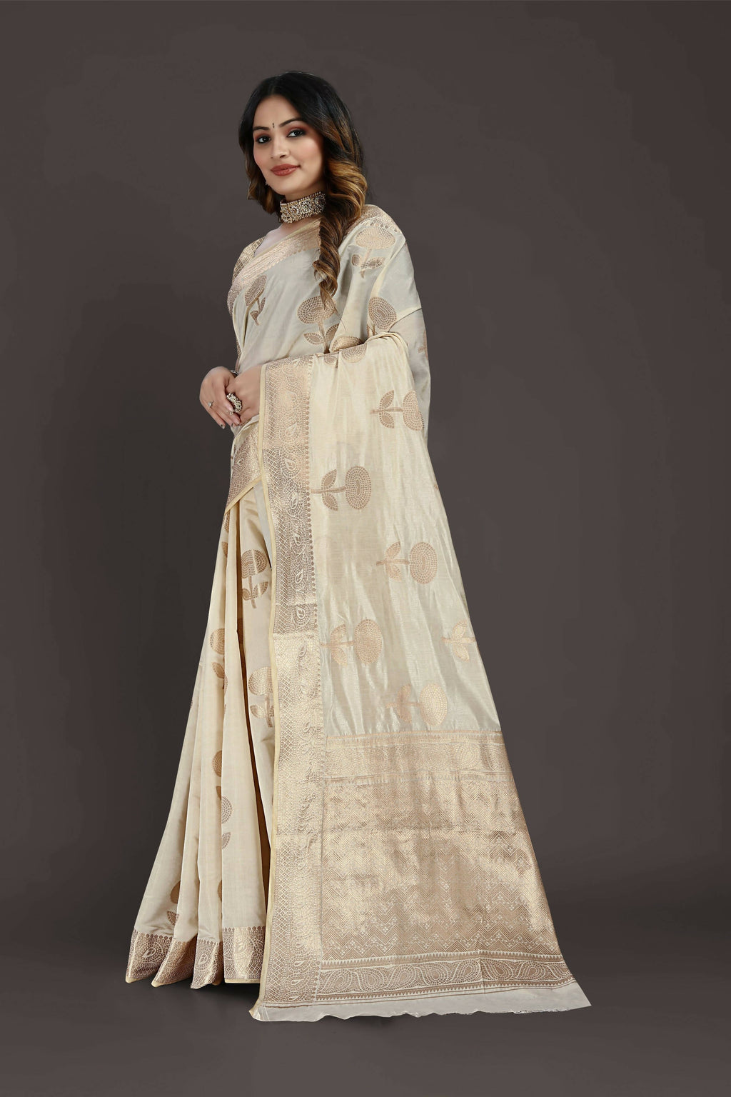 Off White Pure Raw Silk Zari Woven Saree with Unstitched Blouse Piece - Alisha