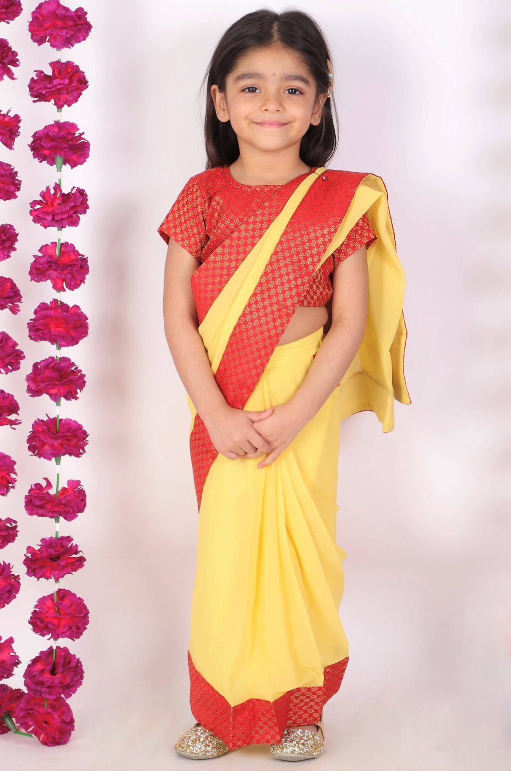 Little Bansi Girls Red and Yellow Color Saree with Floral Brocade Blouse
