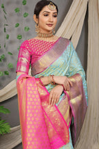 Jyoti Fashion Women's Sky Blue Kanjivaram Silk Zari Woven Saree with Blouse