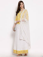 Myshka Women's Yellow Cotton 3/4 Sleeve Round Neck Printed Casual Lehenga Choli Set