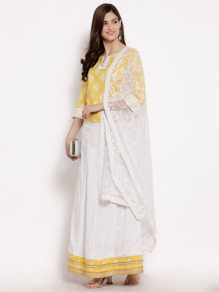 Myshka Women's Yellow Cotton 3/4 Sleeve Round Neck Printed Casual Lehenga Choli Set