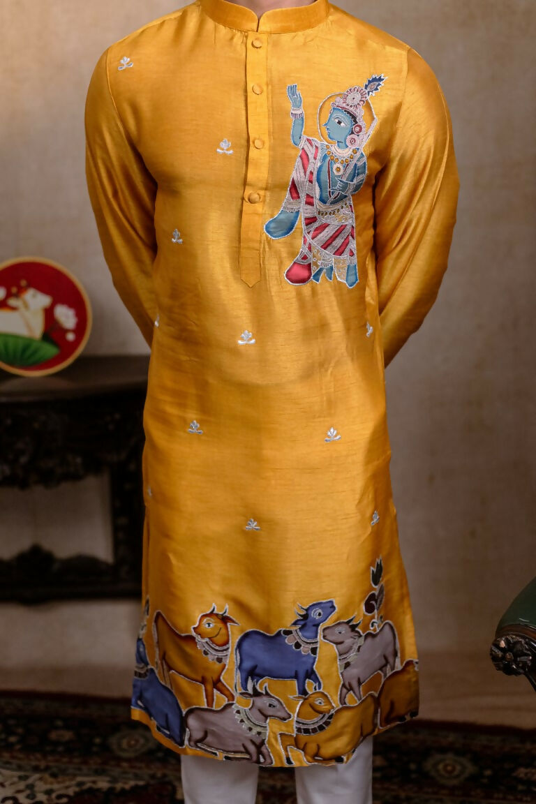 Falling Raw Silk Yellow Mural Krishna By Hilo Design