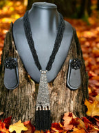 Inhanns Day-To-Dinner Tie Shaped Oxidized Black Metal Multi-Layered Long Necklace Set - Black