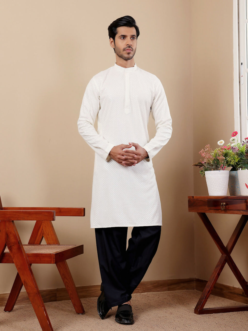 White Viscose Designer Chikankari Embroidery Work Men's Kurta - Mahotsav