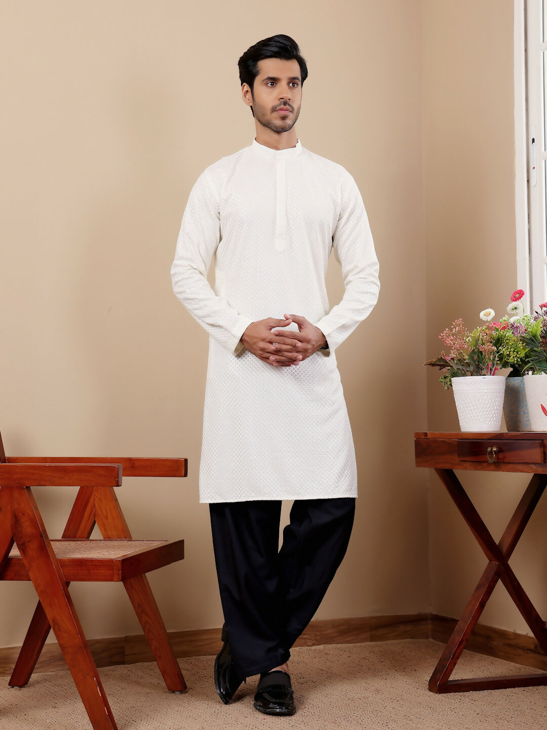 White Viscose Designer Chikankari Embroidery Work Men's Kurta - Mahotsav