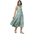 Sea Green & White Ethnic Motifs Embroidered Pure Cotton Maxi A-Line Dress - Poonam - Distacart