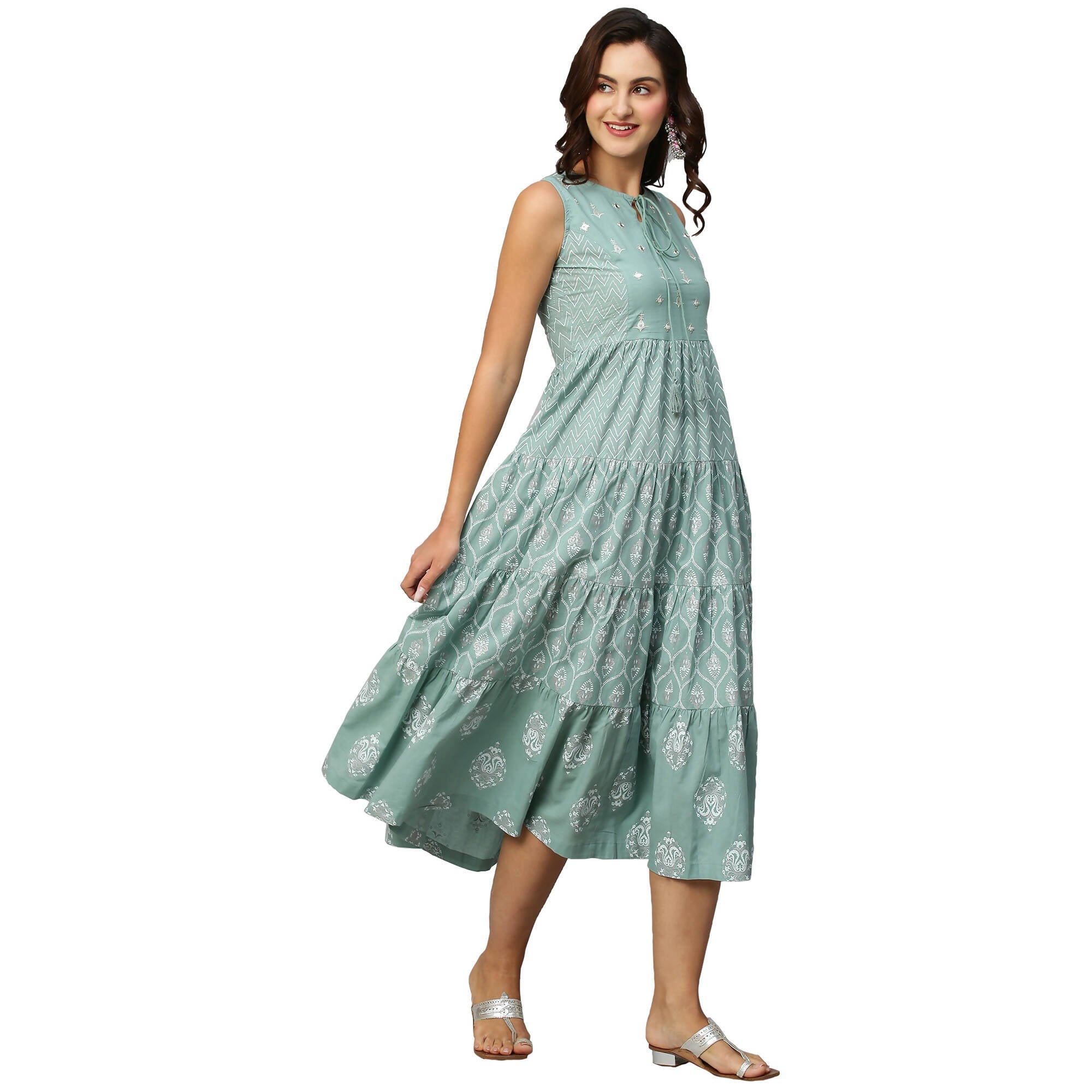Sea Green & White Ethnic Motifs Embroidered Pure Cotton Maxi A-Line Dress - Poonam - Distacart