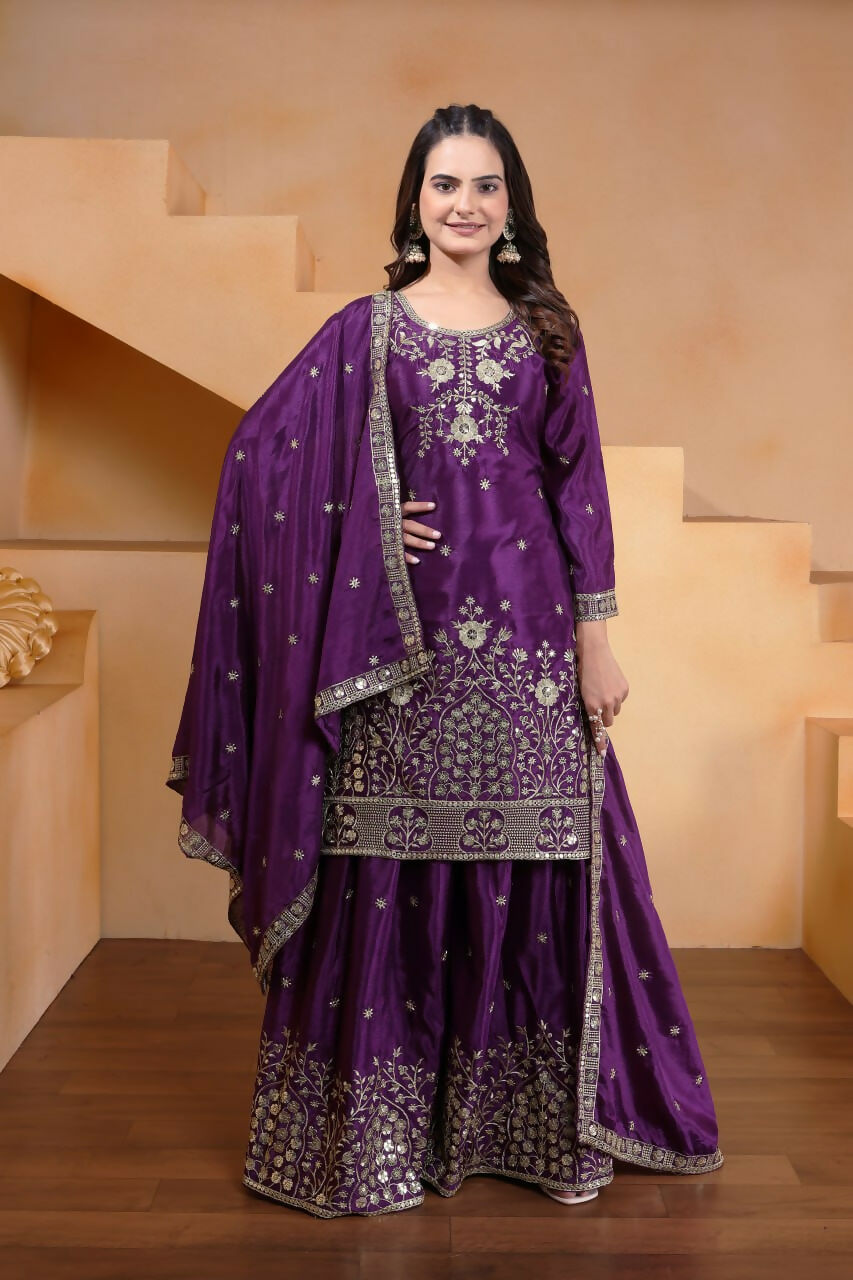 Teeya Creation Purple Chinon Embroidery Work Party Wear Palazzo Suit - Distacart