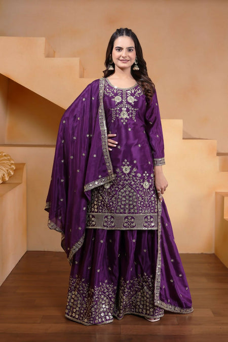 Teeya Creation Purple Chinon Embroidery Work Party Wear Palazzo Suit