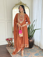 The52 Rust Women's Gorgeous Embroidered Vichitra Silk Fabric Flared Kurta, Pant and Dupatta Set - Distacart