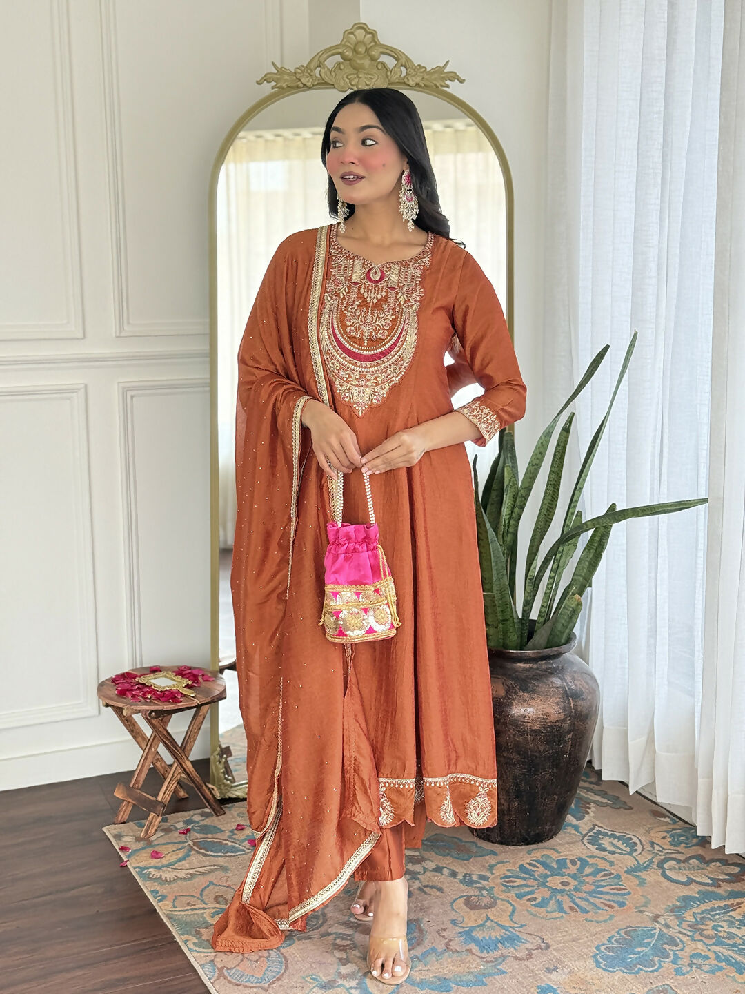 The52 Rust Women's Gorgeous Embroidered Vichitra Silk Fabric Flared Kurta, Pant and Dupatta Set - Distacart