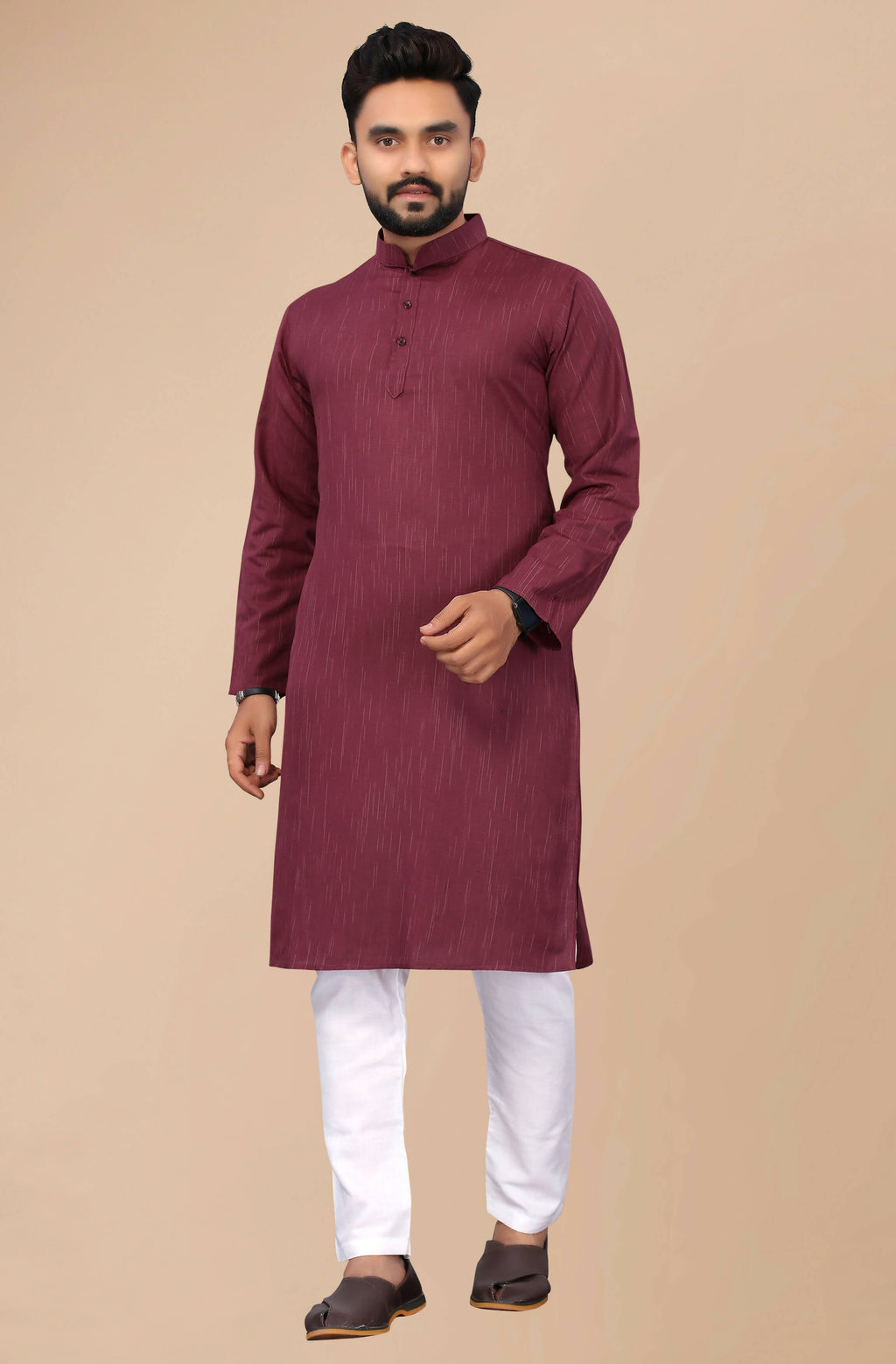 Men's Burgundy Striped Cotton Kurta - Mahotsav