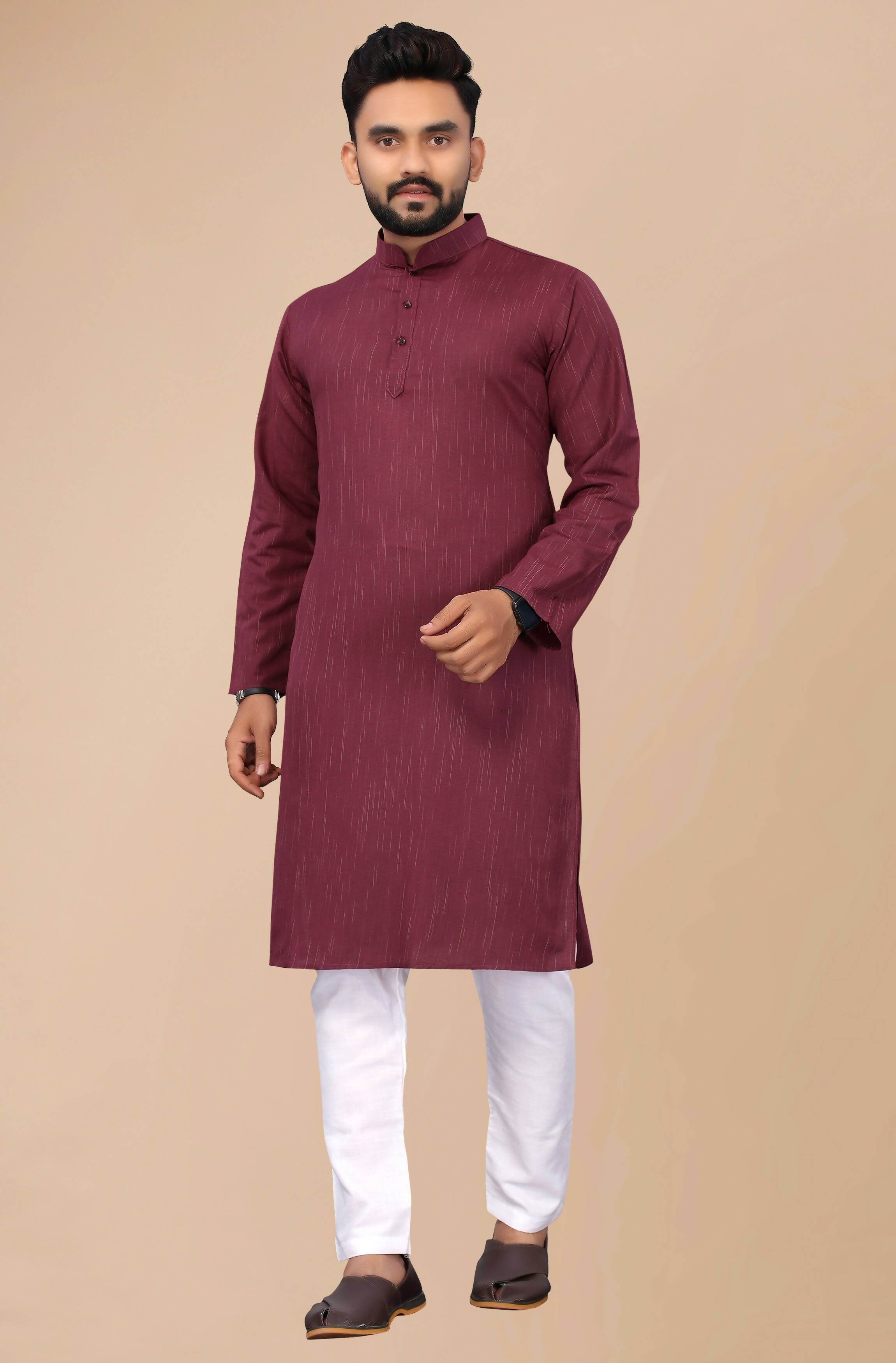 Men's Burgundy Striped Cotton Kurta - Mahotsav