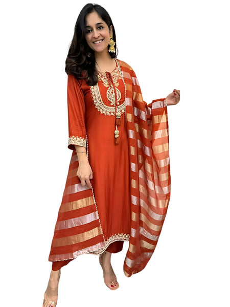 The52 Orange Women's Gorgeous Embroidered work Chanderi Fabric Straight Kurta, Pant and Dupatta Set