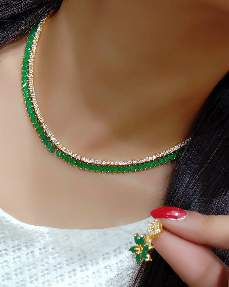 Gold-Polished Alloy American Diamond Green Necklace Set - The Pari