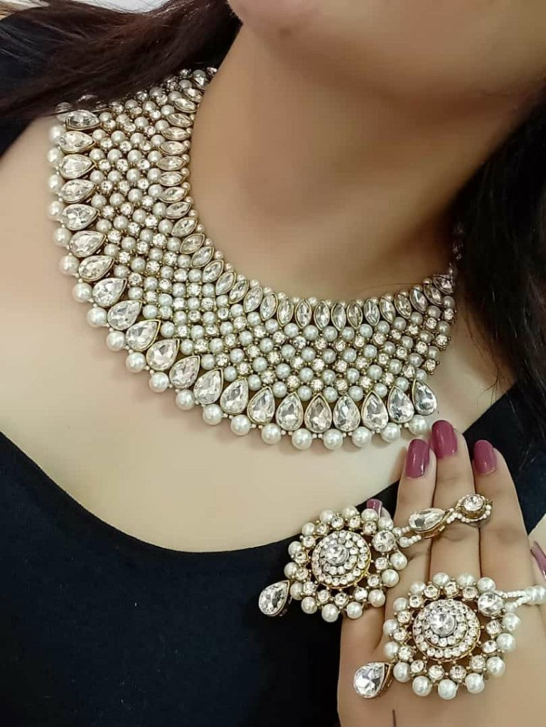 Gold-Polished Alloy Handmade Pearl & Stone Studded Choker Necklace Set - The Pari