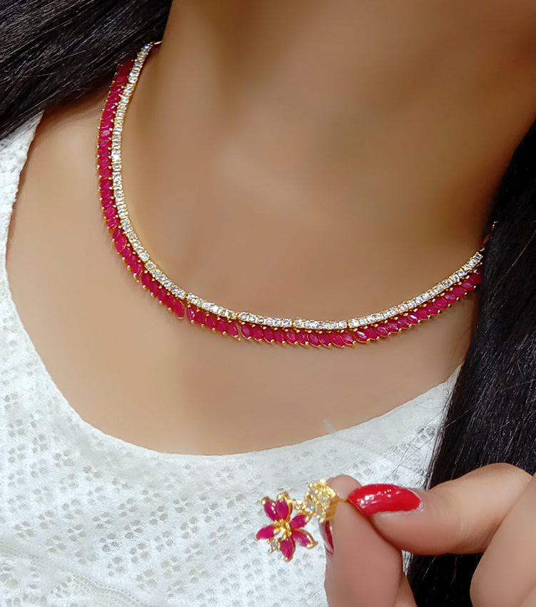 Gold-Polished Alloy Ruby Colour American Diamond Choker Necklace Set - The Pari