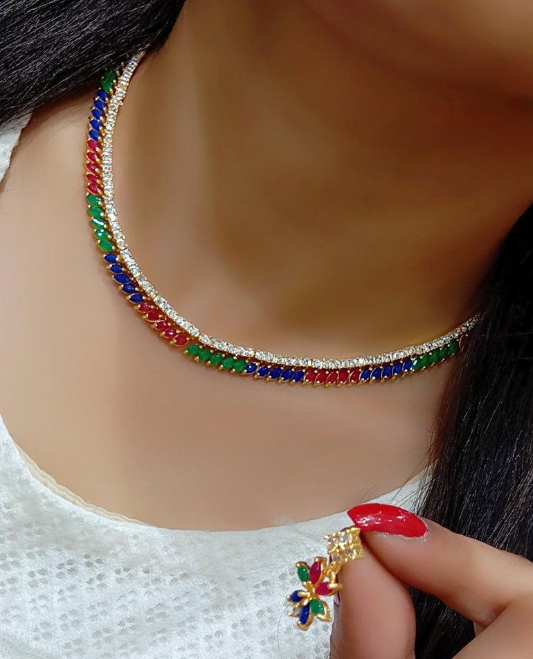Gold-Polished Alloy American Diamond Studded Designer Necklace Set - The Pari