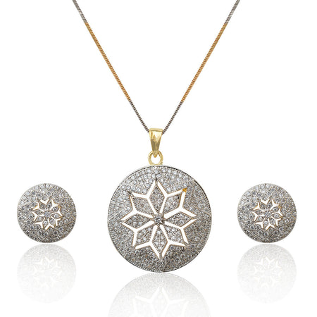 Rhodium-Plated Alloy Round Flower Engraved Ad Pendant Set - The Pari