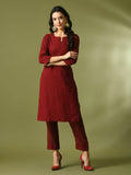 Myshka Women's Maroon Embroidered Cotton Straight Party Kurta Set