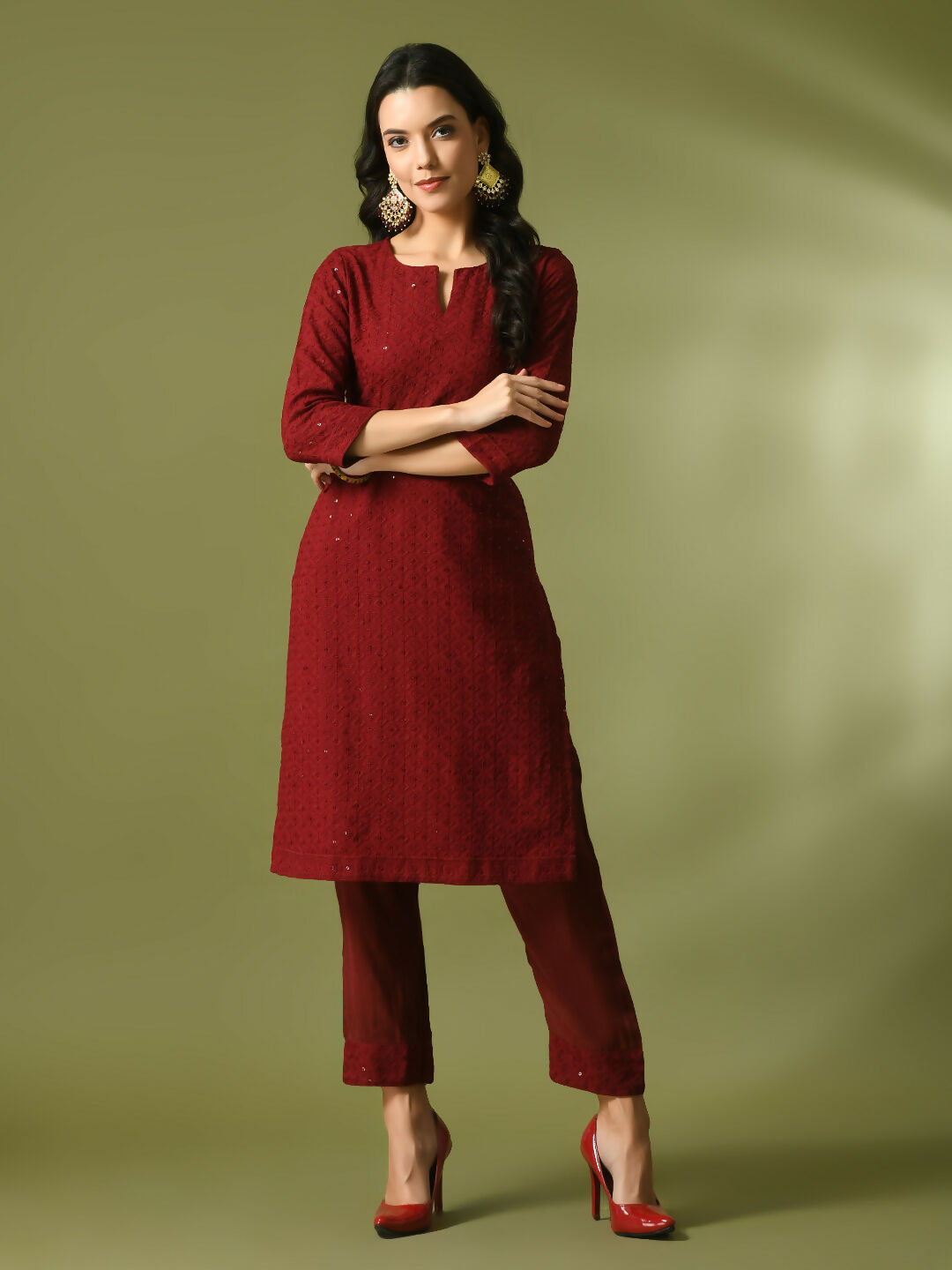 Myshka Women's Maroon Embroidered Cotton Straight Party Kurta Set