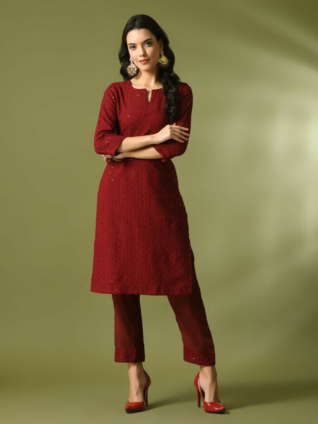 Myshka Women's Maroon Embroidered Cotton Straight Party Kurta Set