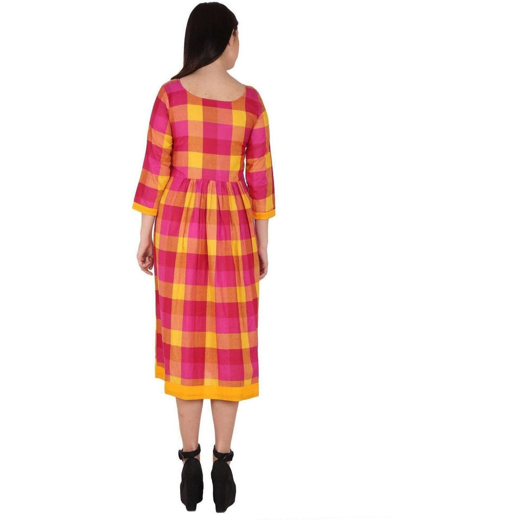 Kanoor Women's Pink and Yellow Rayon Frock Style Kurti