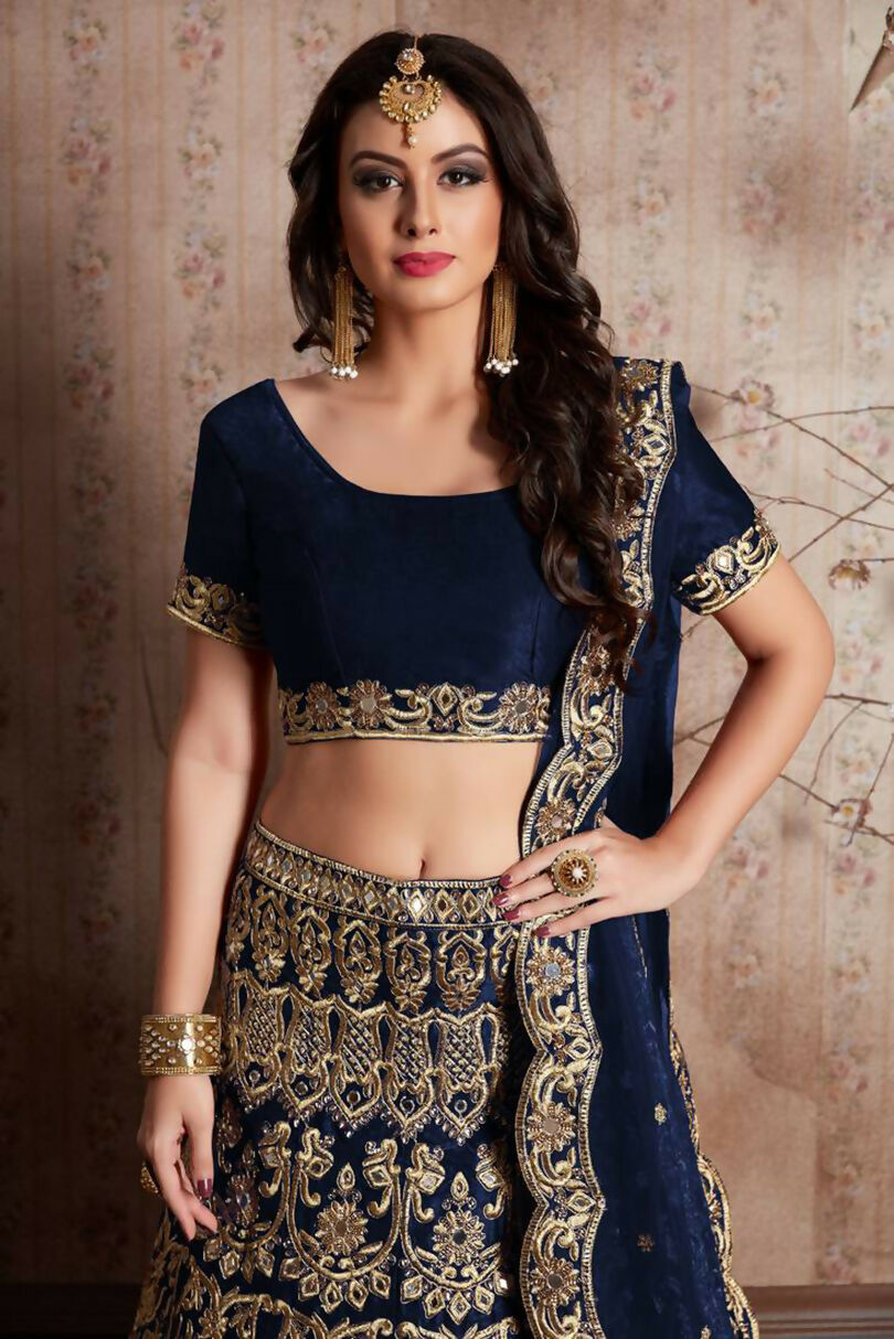 Jyoti Fashion Mesmerizing Navy Blue Sequins Embroidered Velvet Lehenga Choli with Dupatta