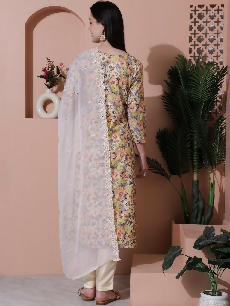 Jyoti Fashion Women's Multicolor Cotton Floral Digital Printed Kurta with Trouser & Dupatta