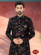Joban Fashion Men's Blue Base Multi-Colour Straight Velvet Heavy Thread And Sequence Embroidary All Over Indo-Western Kurta Set