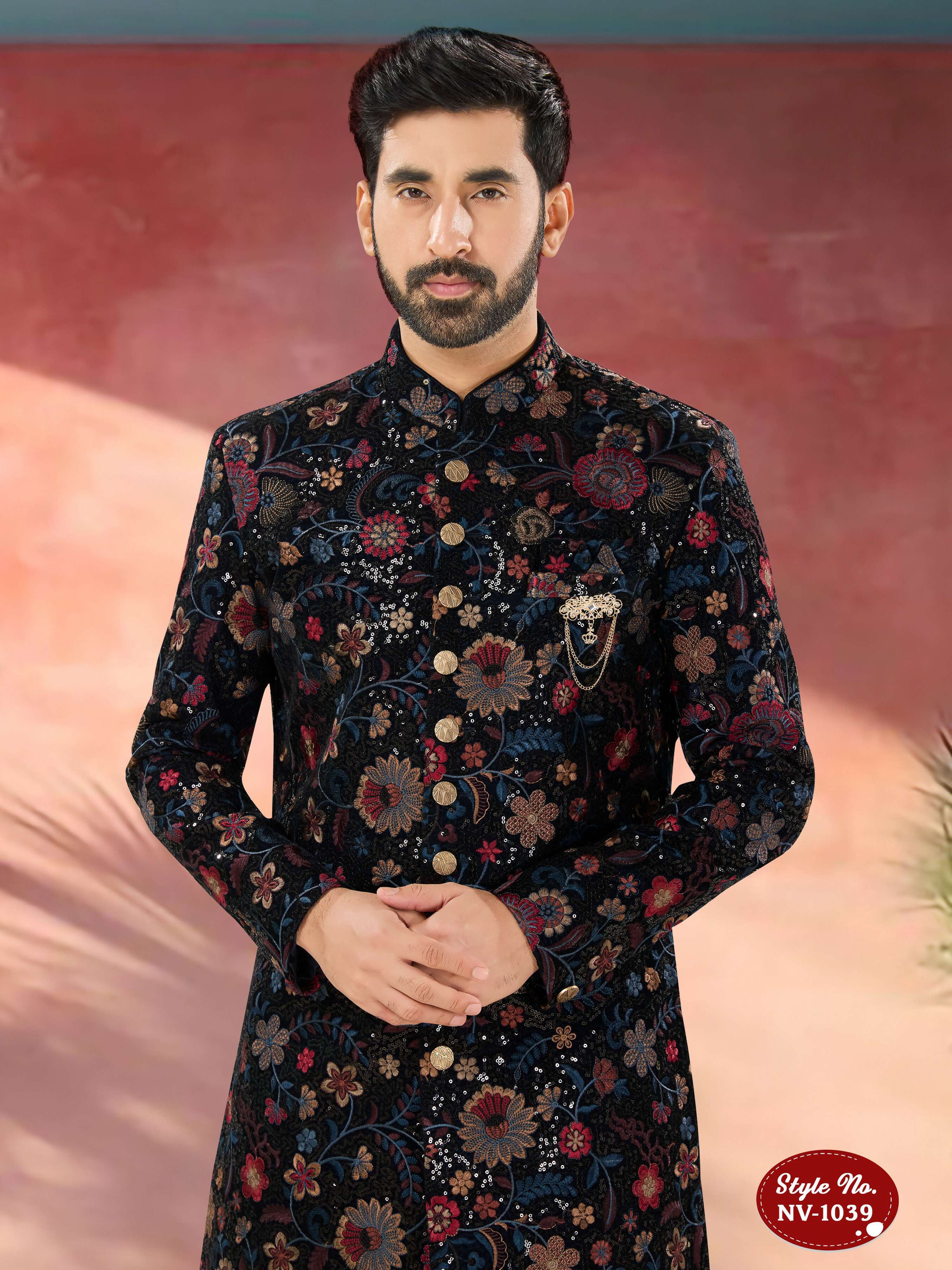 Joban Fashion Men's Blue Base Multi-Colour Straight Velvet Heavy Thread And Sequence Embroidary All Over Indo-Western Kurta Set