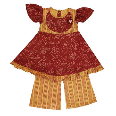 Mhyssa Aruba V- neck Puff Sleeves Red and Yellow Kurta With Full Length Pant Set For Kids