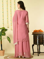 Myshka Women's Pink Georgette Kurta & Skirt With Dupatta Party Sets