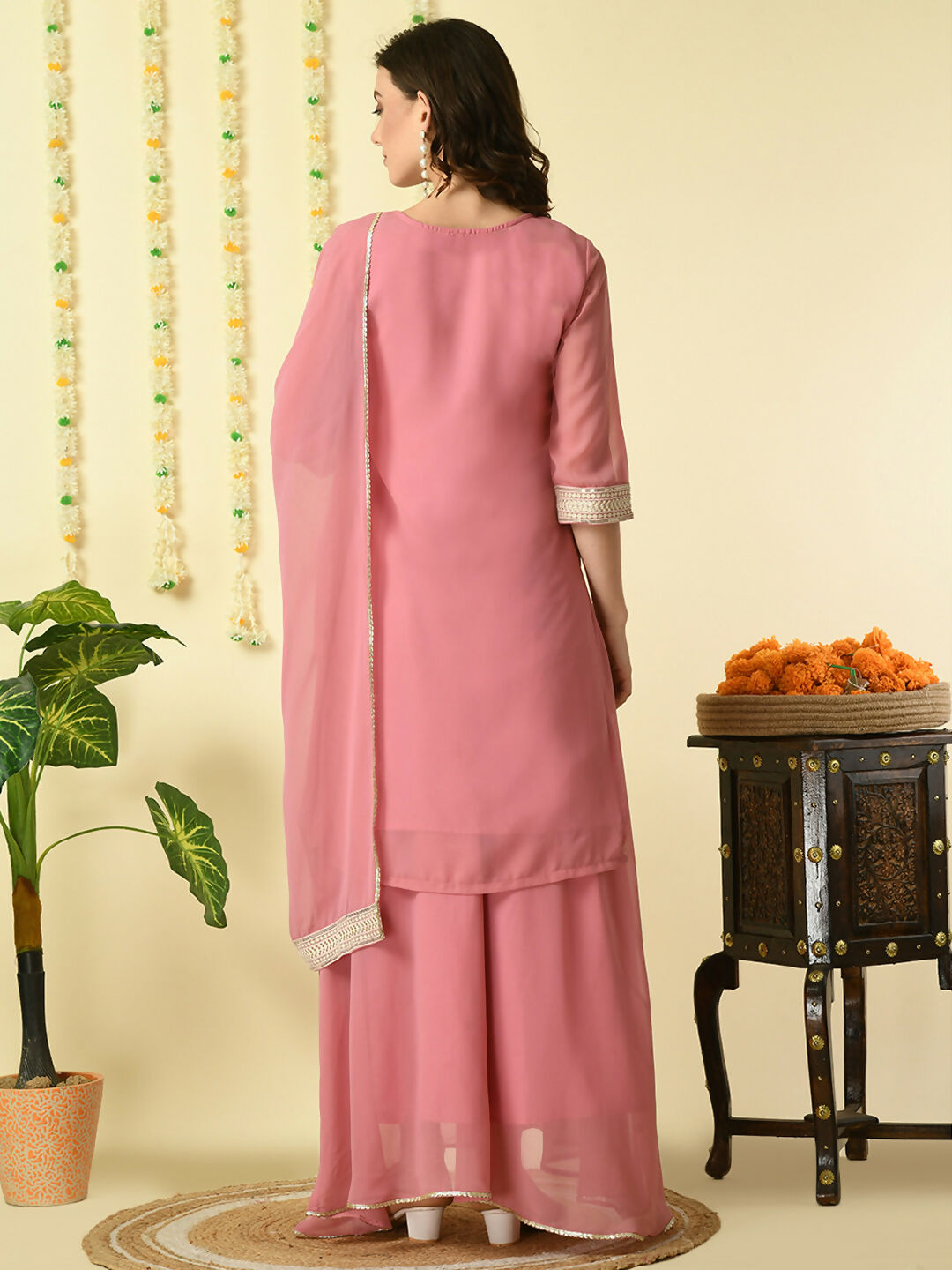 Myshka Women's Pink Georgette Kurta & Skirt With Dupatta Party Sets