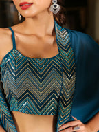 Janasya Teal Blue Georgette Embroidered Top Bottom Cape